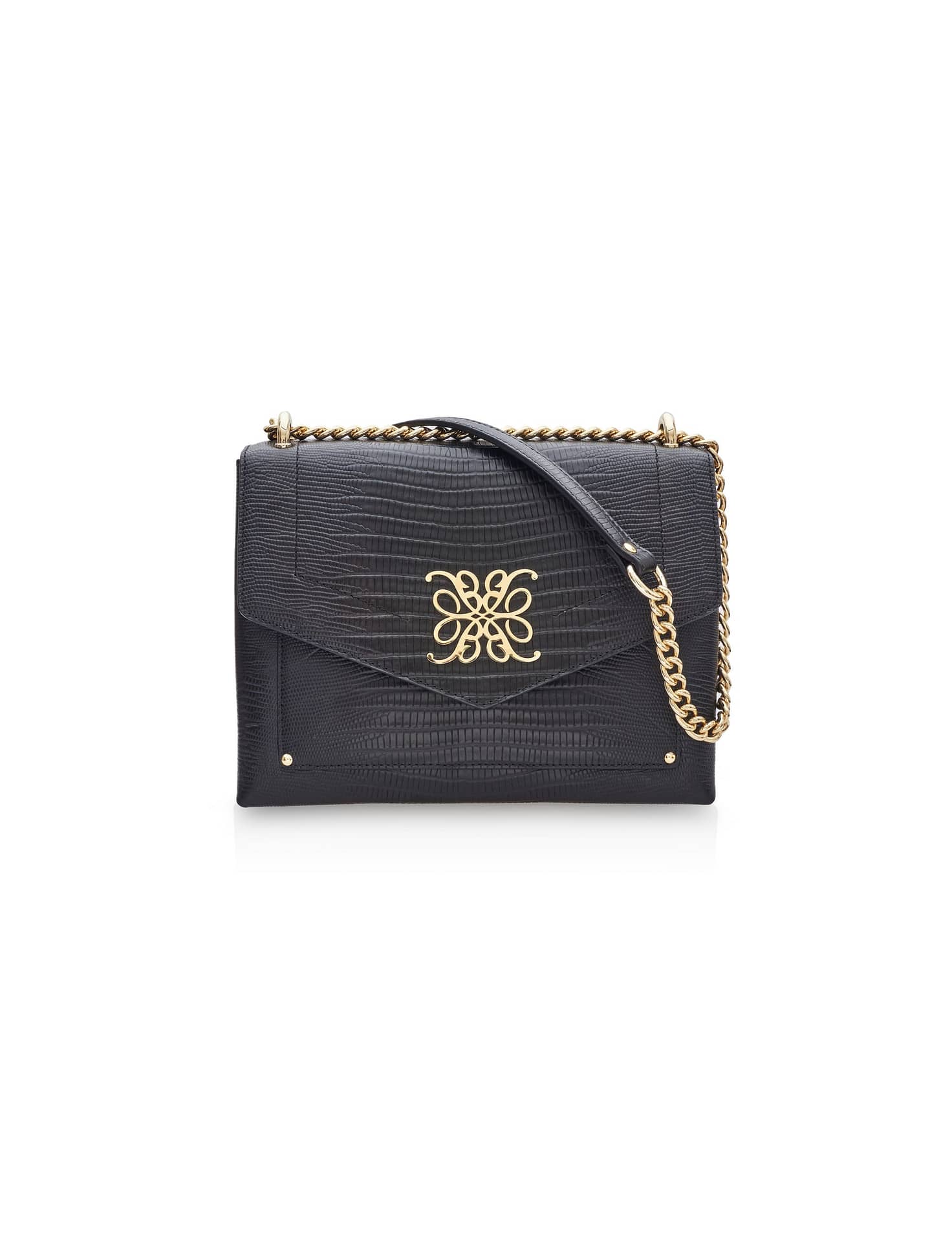 ISABEL | Gold - Embossed Lizard Calfskin Leather Brown Crossbody